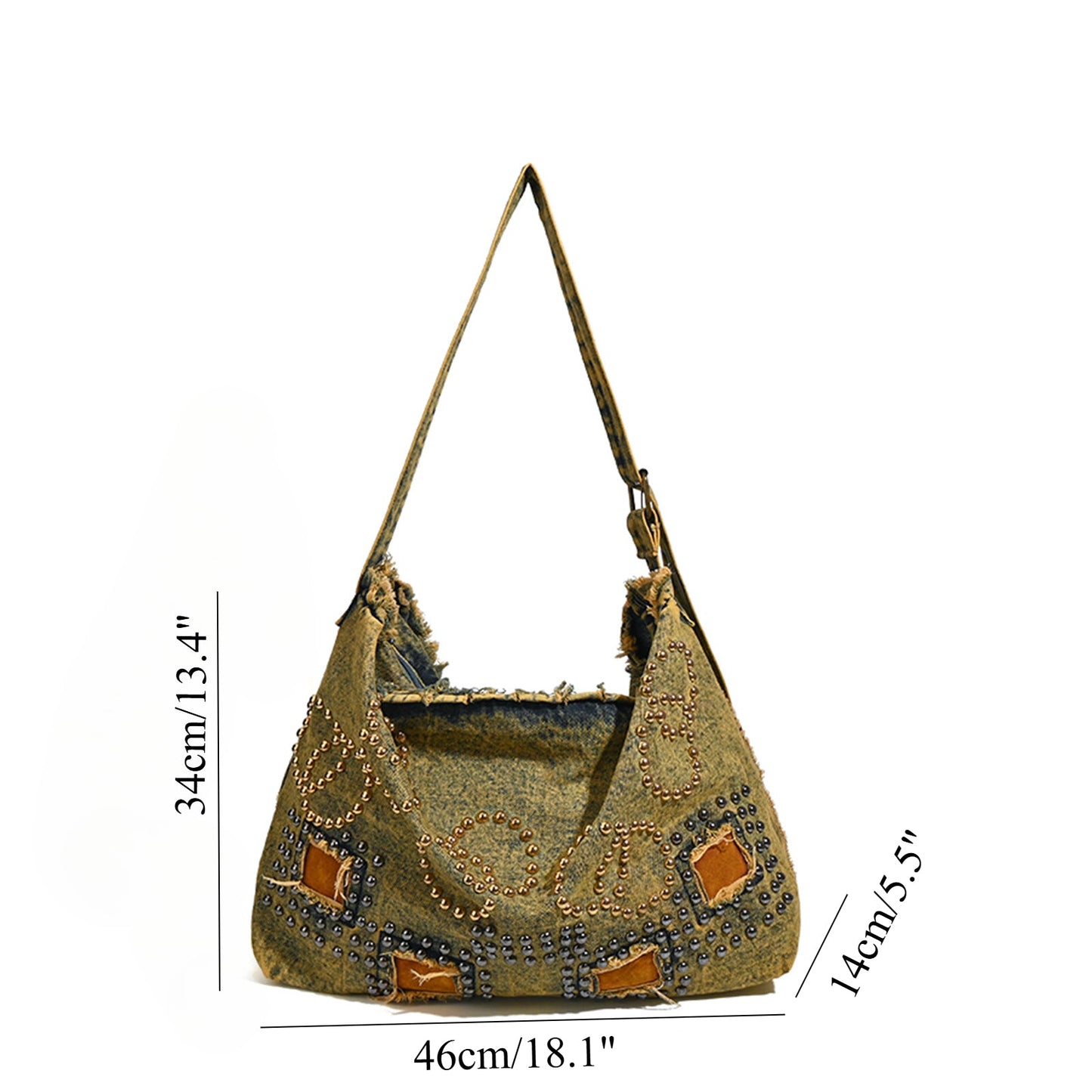 Handbag with measurements on a white background