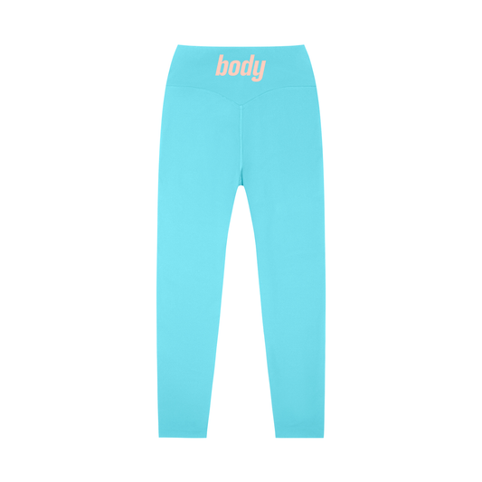 Back view of light blue leggings with 'body' text on a white background