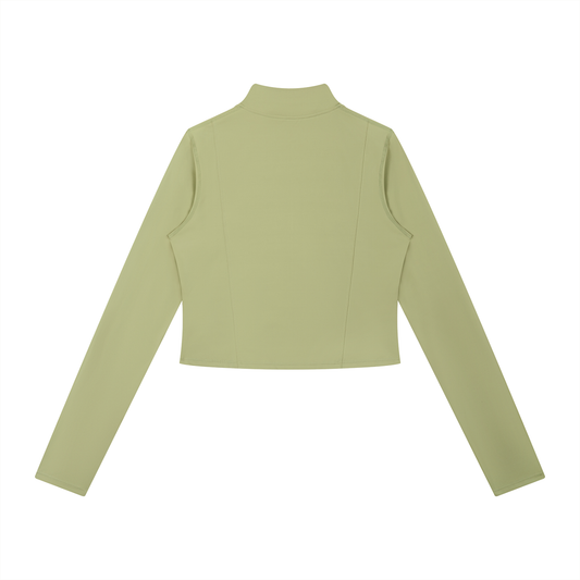 Back view of a women's olive-green activewear zip up jacket