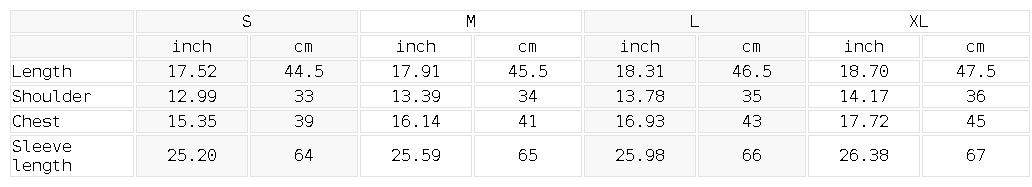 Sizing guide in both centimeters and inches for women's sports zip up jacket for sizes S - XL