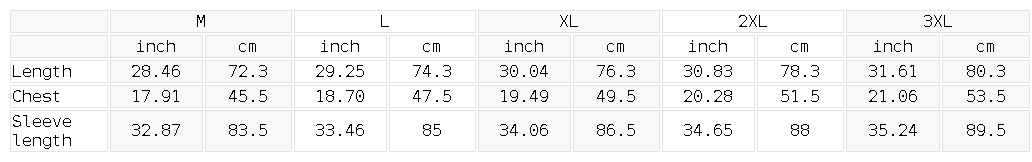 Measurement chart for clothing sizes M to 3XL with dimensions in inches and centimeters.