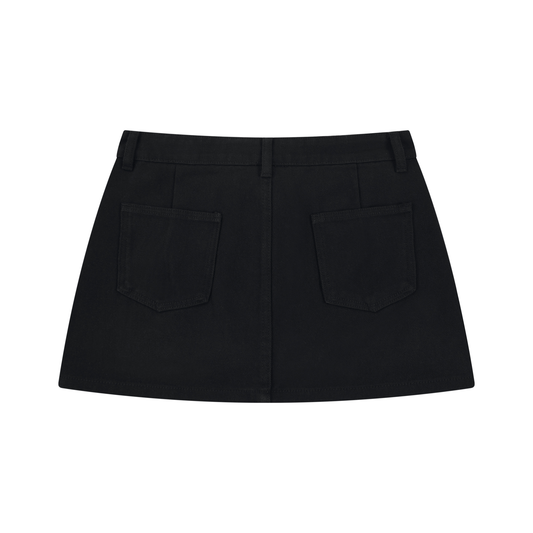 Black denim mini skirt shown from the back, featuring two large patch pockets and a straight waistband, photographed on a solid white background.