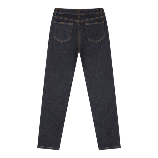 Rear view of dark wash denim jeans with a straight-leg fit against a plain white background.