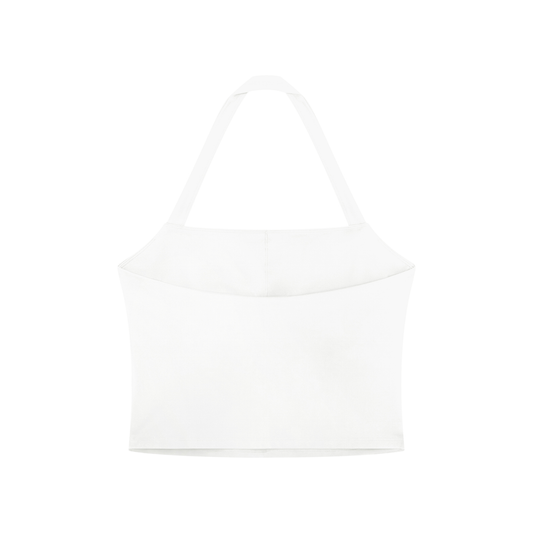 back view of a white halter sports crop bra for women against a white backdrop
