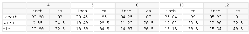 Measurement chart showing dimensions in both inches and centimeters.