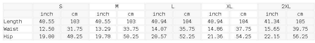 Measurement chart for clothing sizes in inches and centimeters