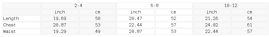 Measurement chart for clothing sizes in inches and centimeters