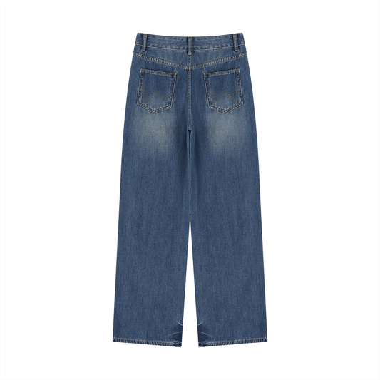 Back view of vintage wash wide leg jeans on a white background