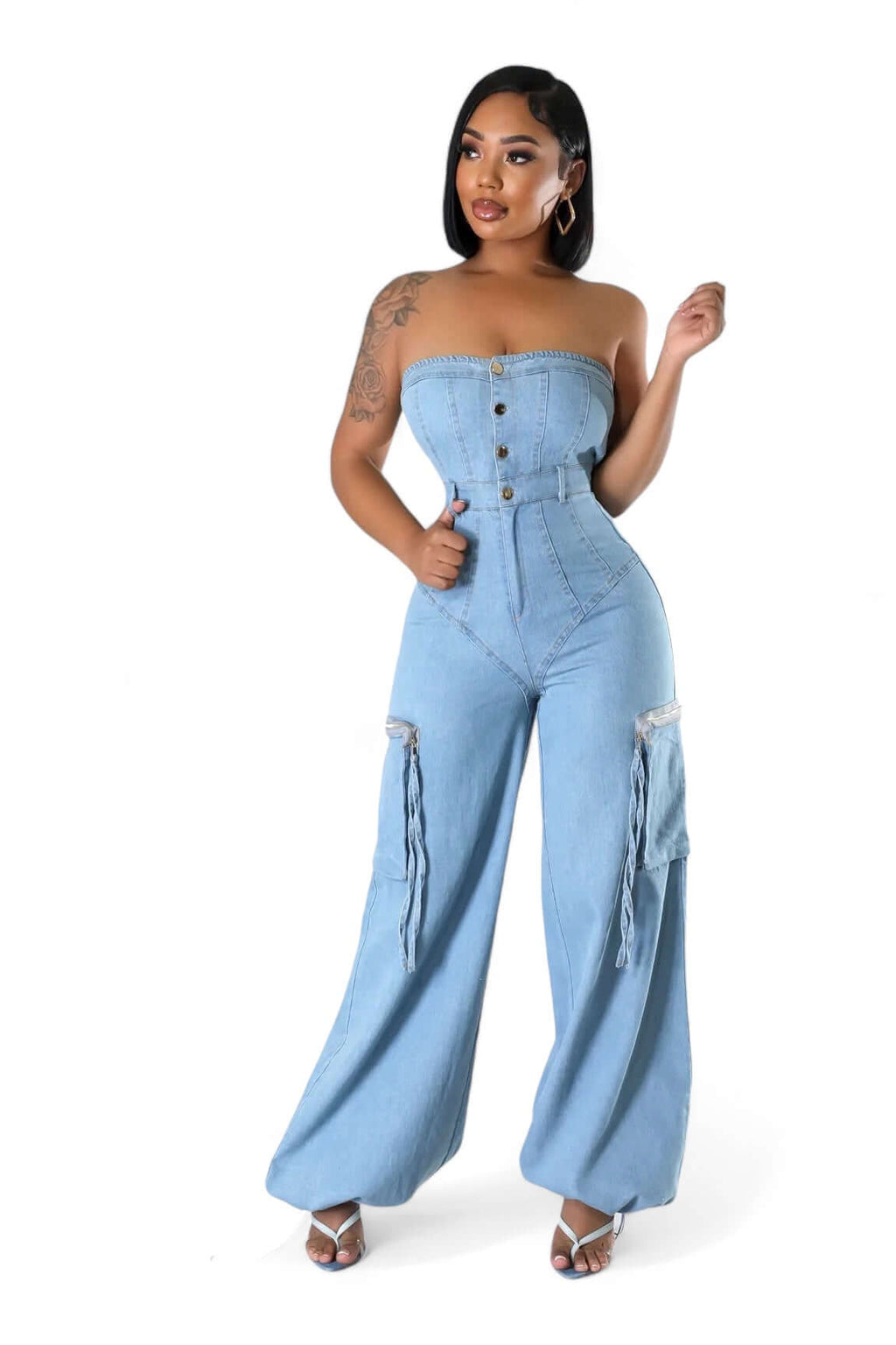 Sleeveless Cargo Jean Denim Jumpsuit