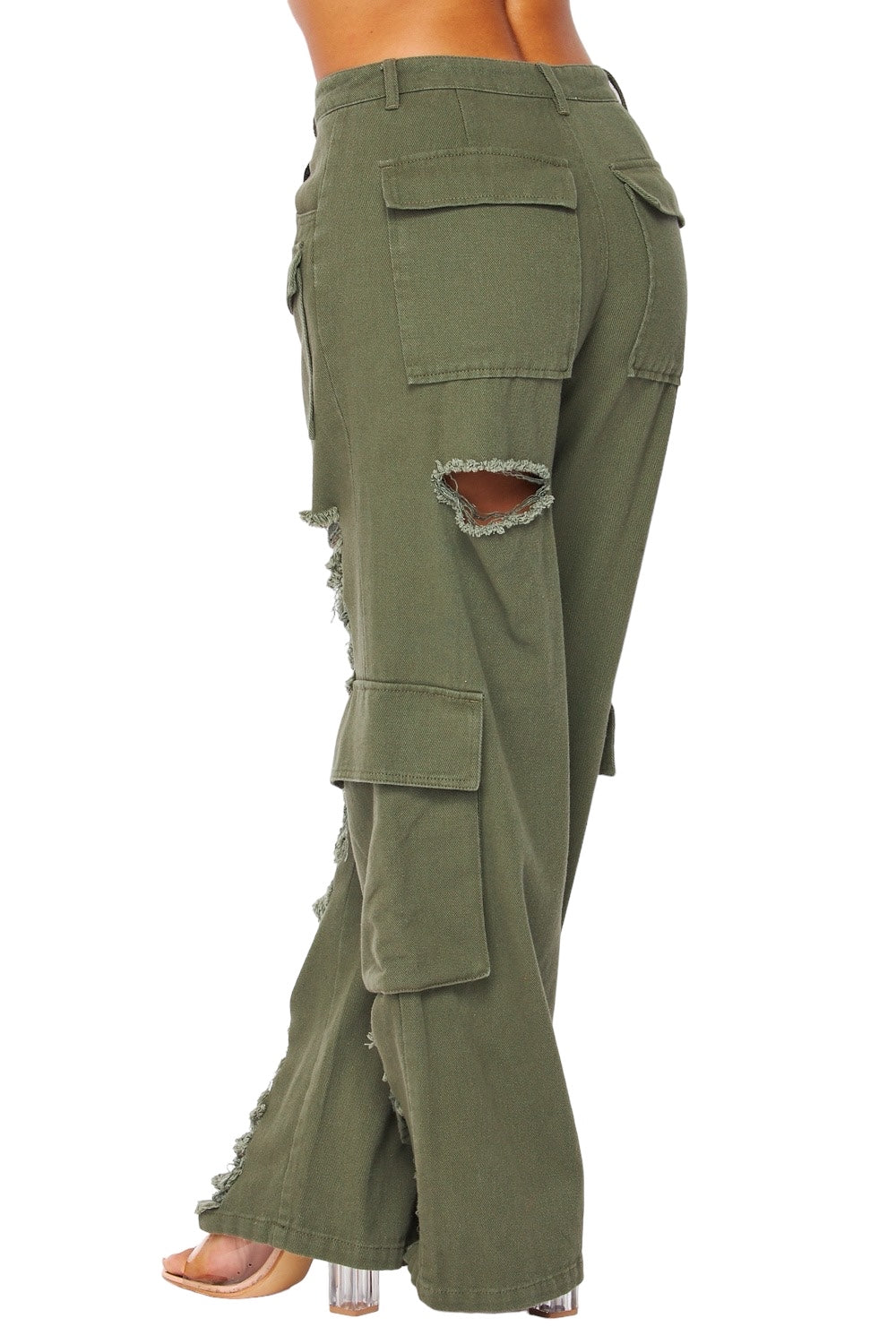 Distressed Wide Leg Cargo Pants | High Rise Cotton Pants