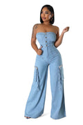 Sleeveless Cargo Jean Denim Jumpsuit