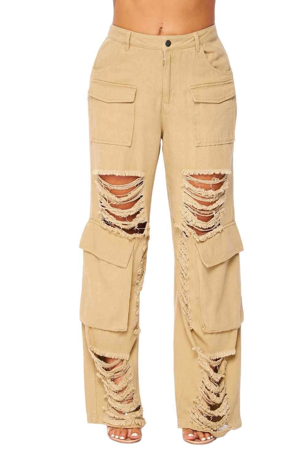 Beige distressed cargo pants on a white background
