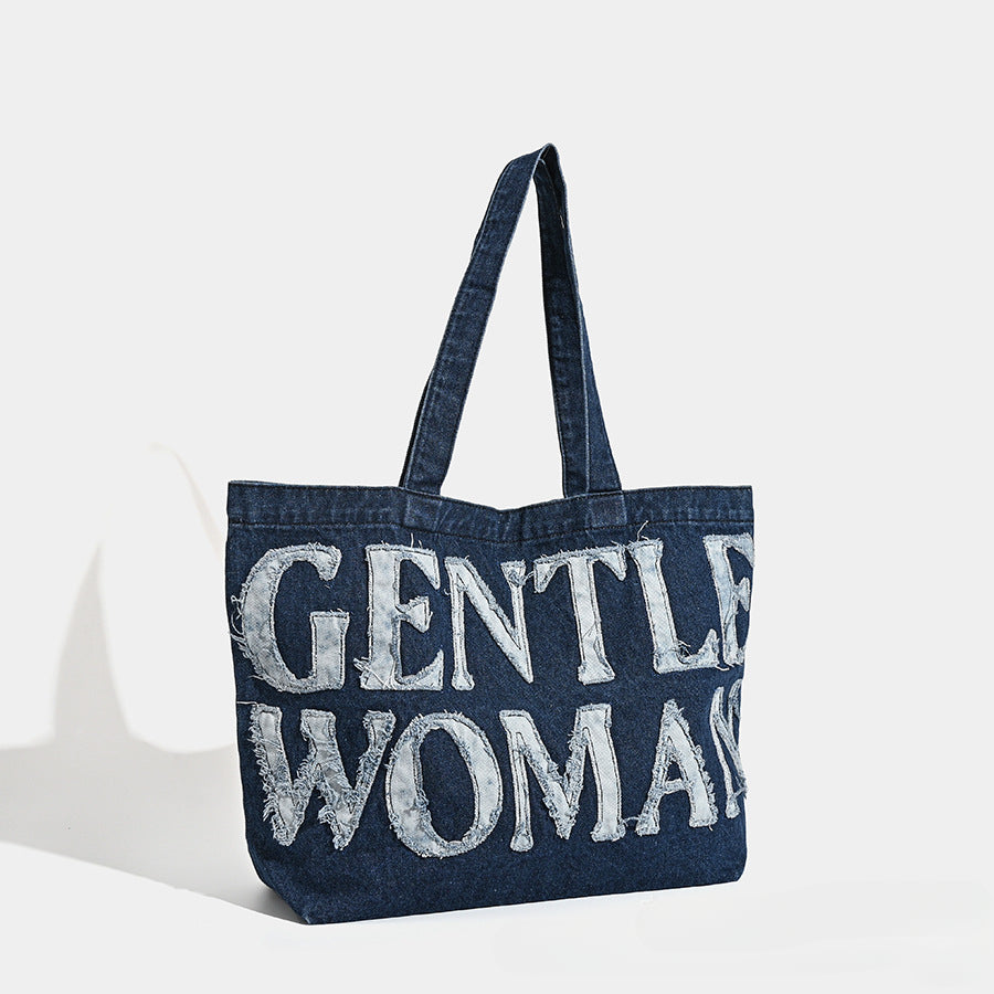 Retro Denim Tote Bag - Large Canvas Shoulder Bag with Letter Stickers