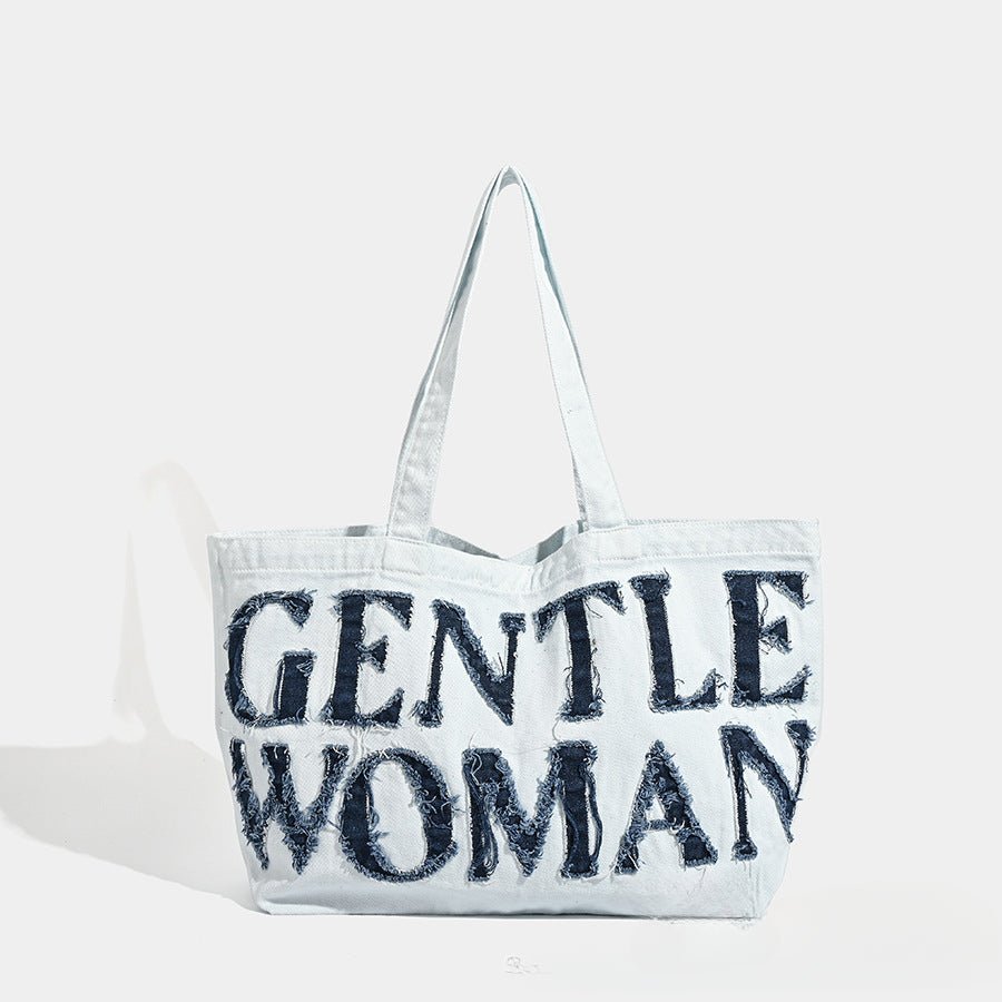 Retro Denim Tote Bag - Large Canvas Shoulder Bag with Letter Stickers - Urbanistar