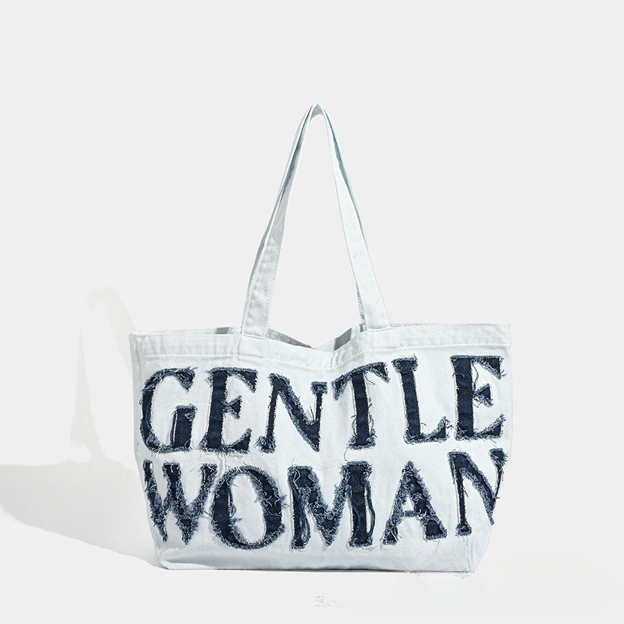 Retro Denim Tote Bag - Large Canvas Shoulder Bag with Letter Stickers