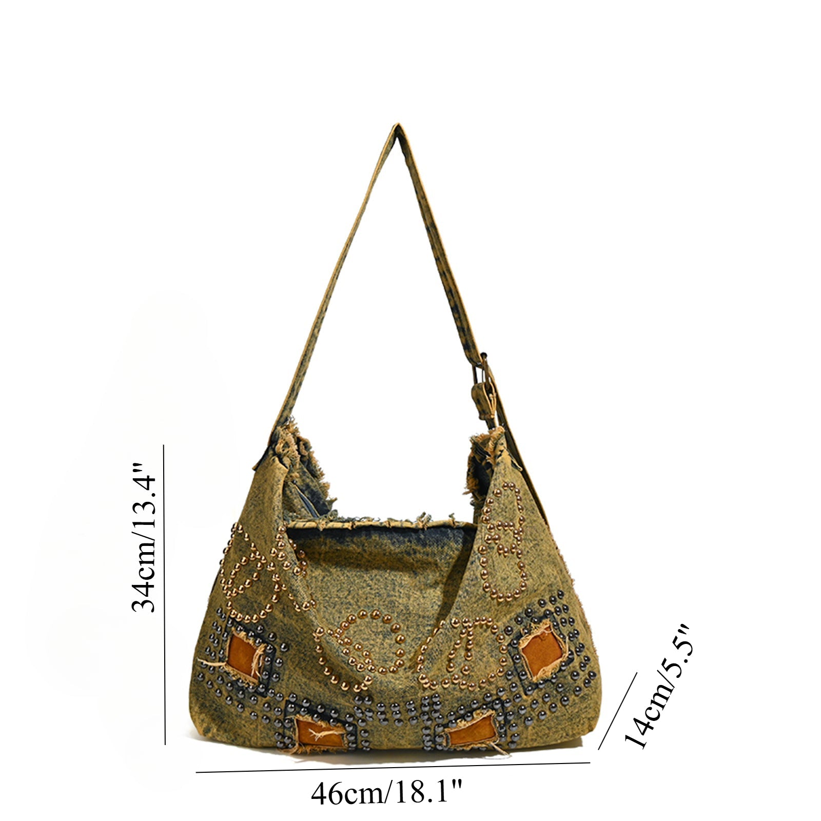 Handbag with measurements on a white background