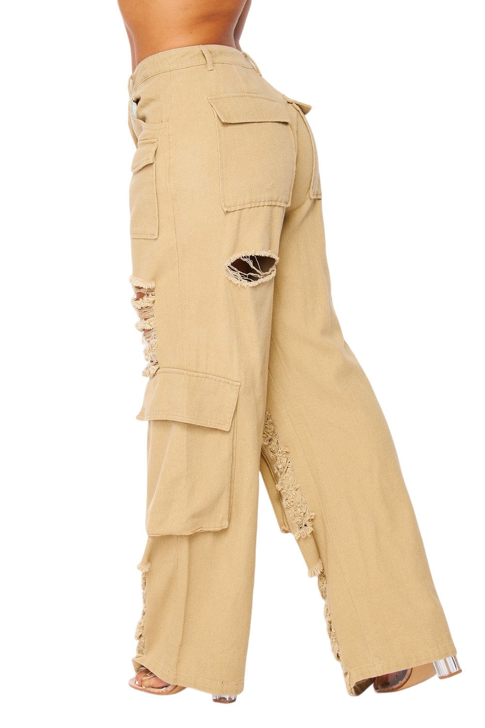 Distressed Wide Leg Cargo Pants | High Rise Cotton Pants