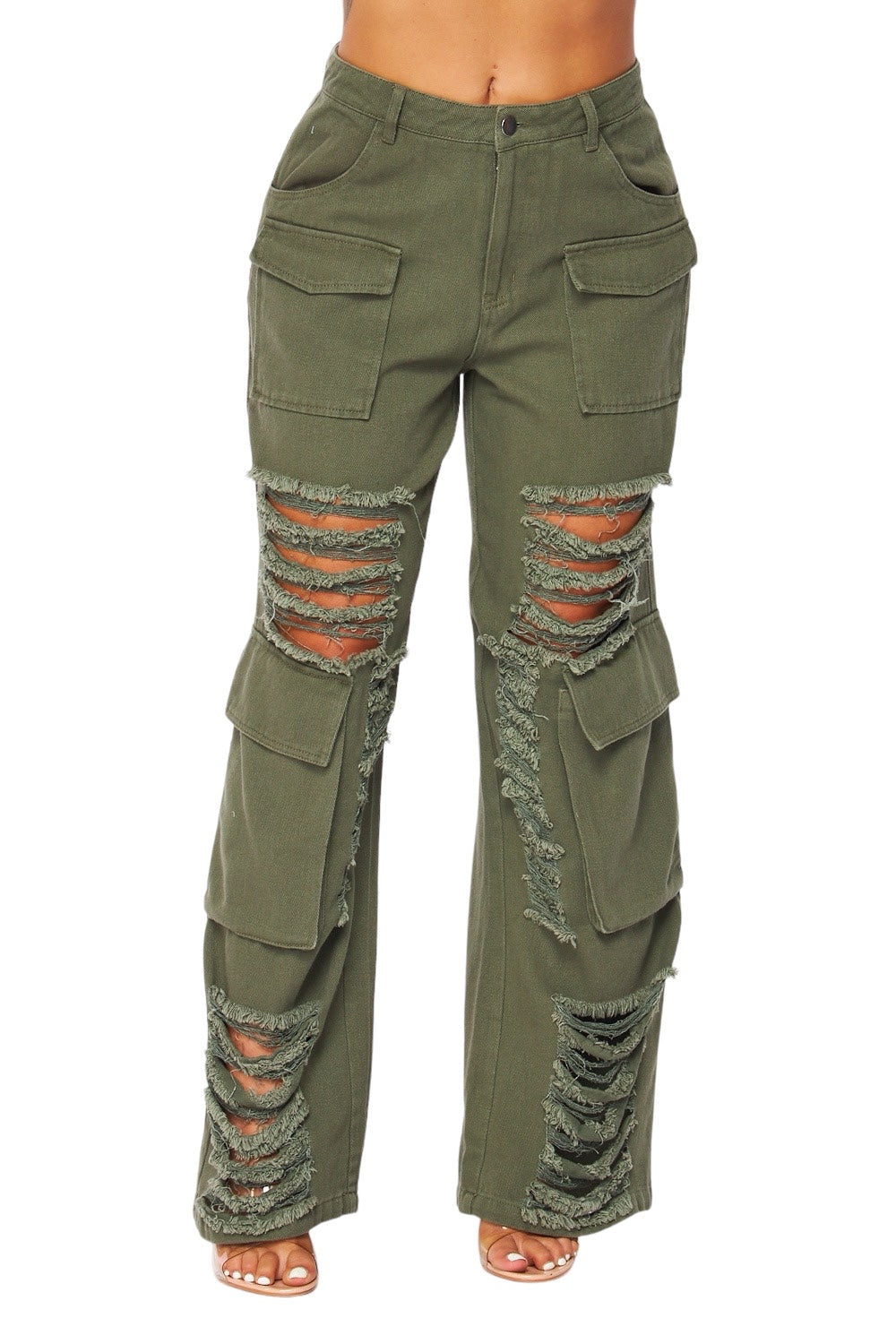 Distressed Wide Leg Cargo Pants | High Rise Cotton Pants