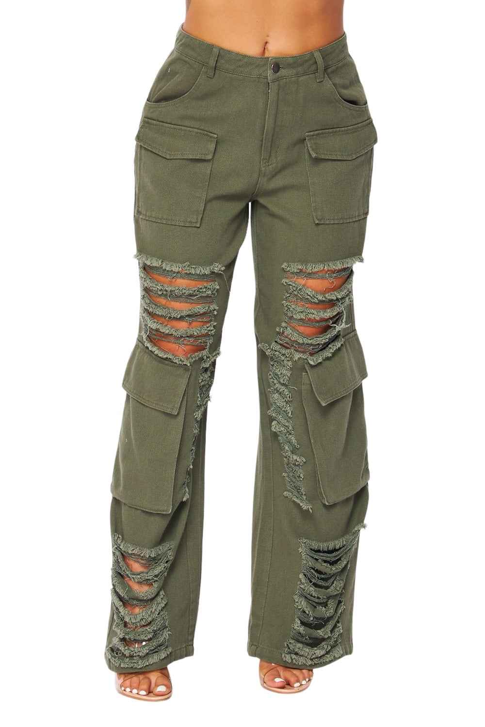 Distressed Wide Leg Cargo Pants | High Rise Cotton Pants - Urbanistar