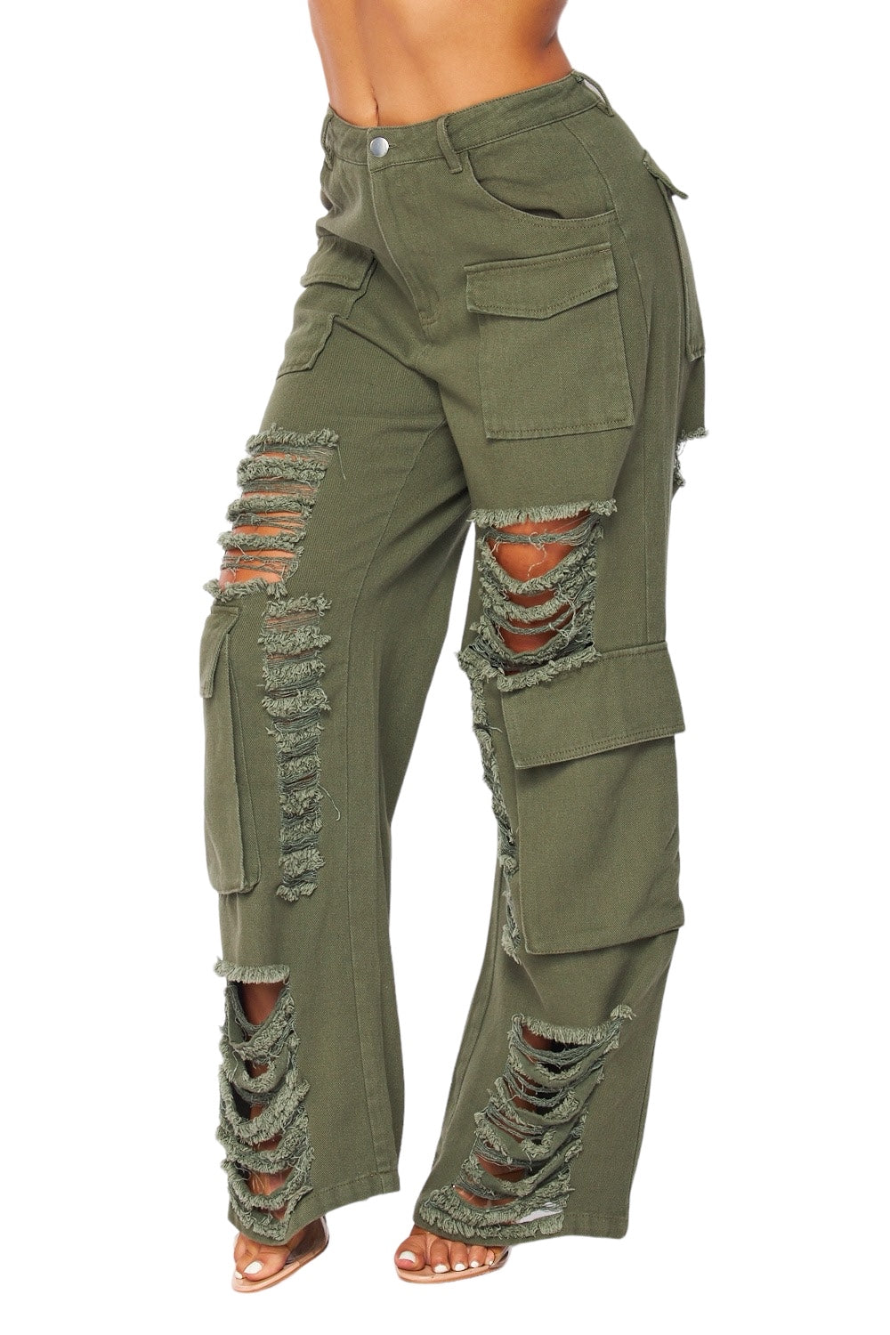 Distressed Wide Leg Cargo Pants | High Rise Cotton Pants