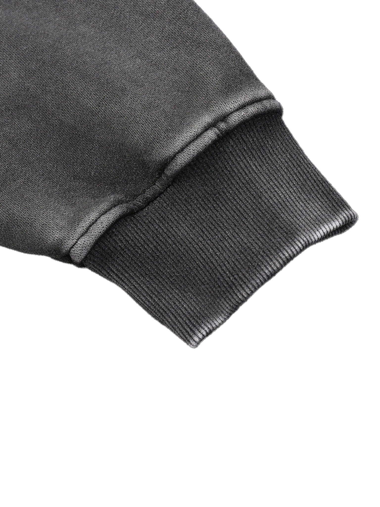 Close-up of a dark gray sweatshirt sleeve on a white background