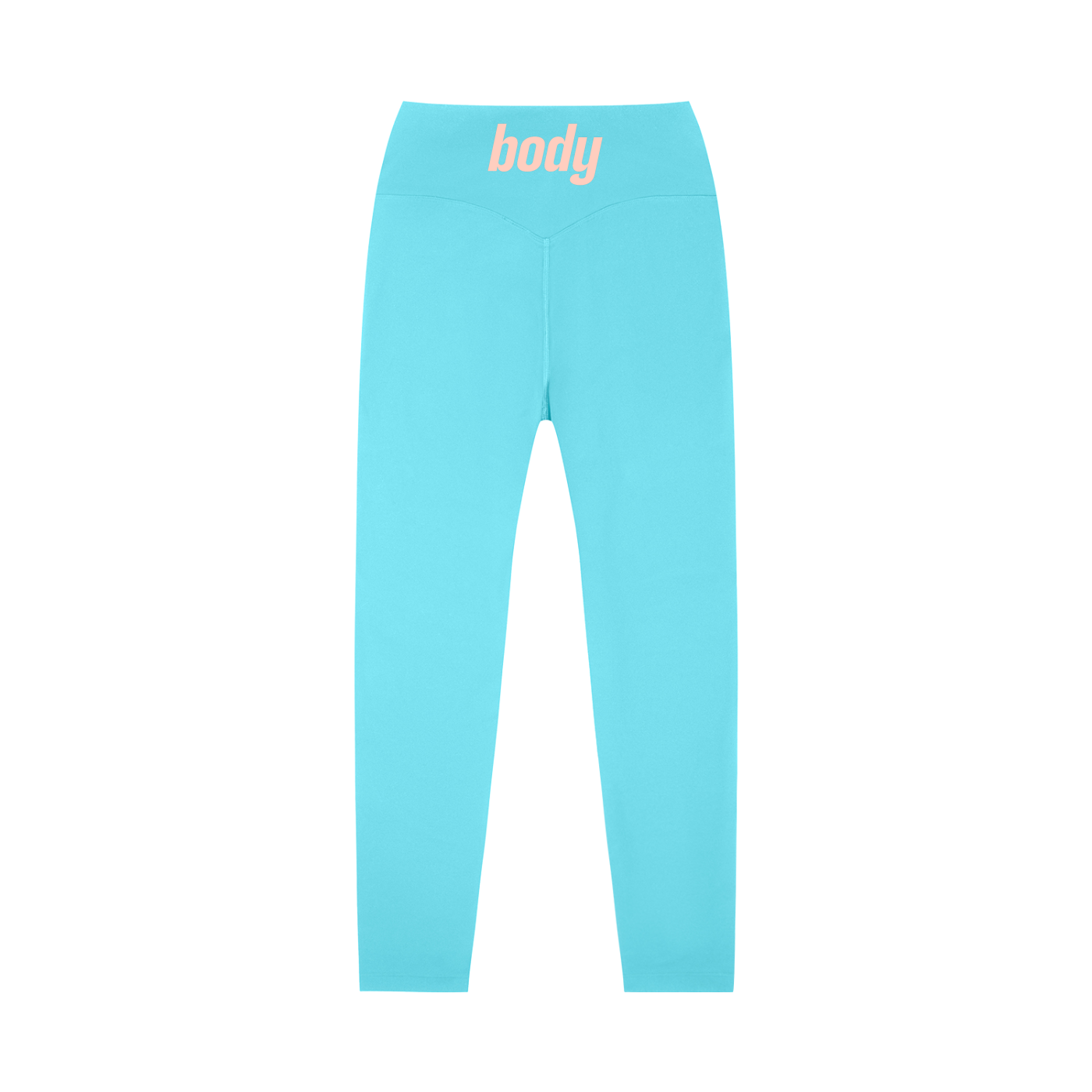 Back view of light blue leggings with 'body' text on a white background