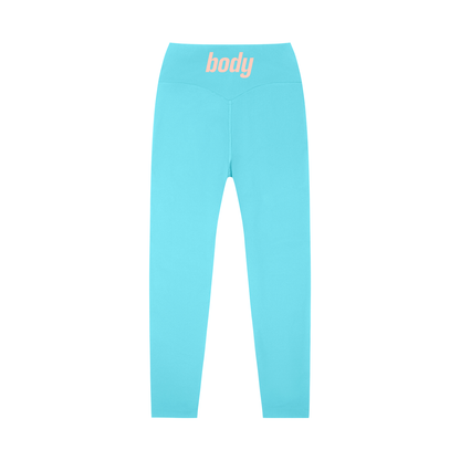 Back view of light blue leggings with 'body' text on a white background