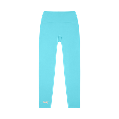 Light blue leggings with 'body' text on a white background