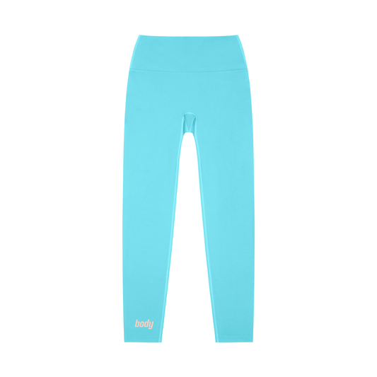 Light blue leggings with 'body' text on a white background