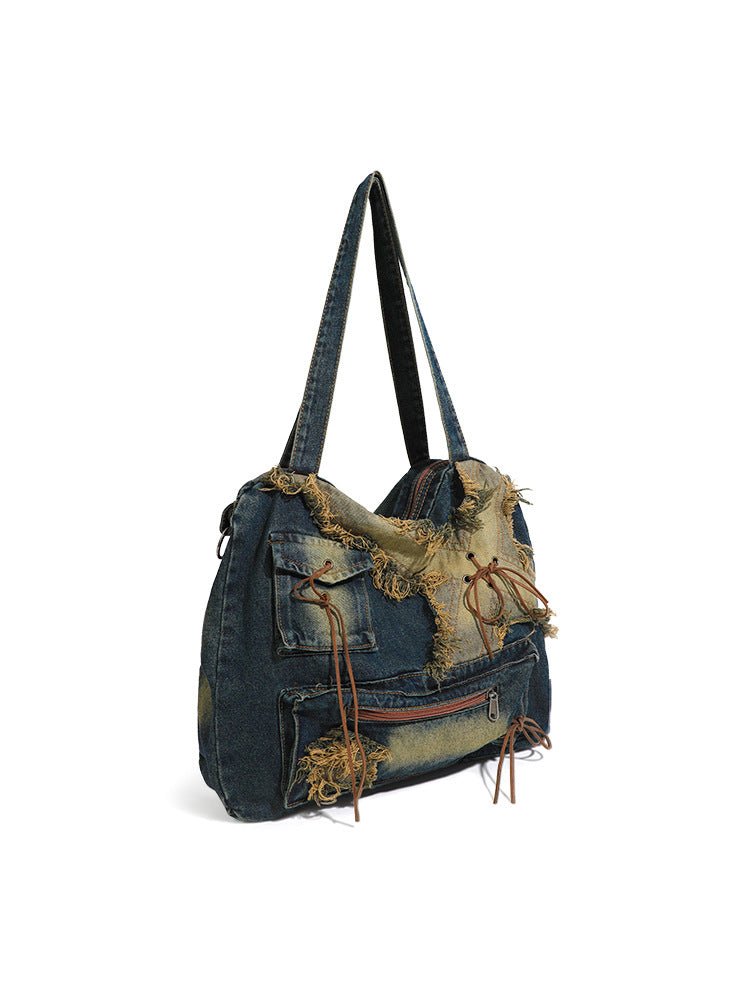 Vintage Washed Denim Hobo Tote Bag | Large Capacity Shoulder Bag - Urbanistar