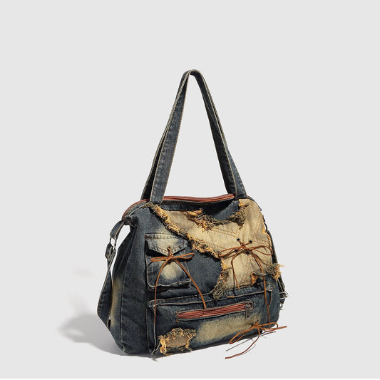 Vintage Washed Denim Hobo Tote Bag | Large Capacity Shoulder Bag - Urbanistar