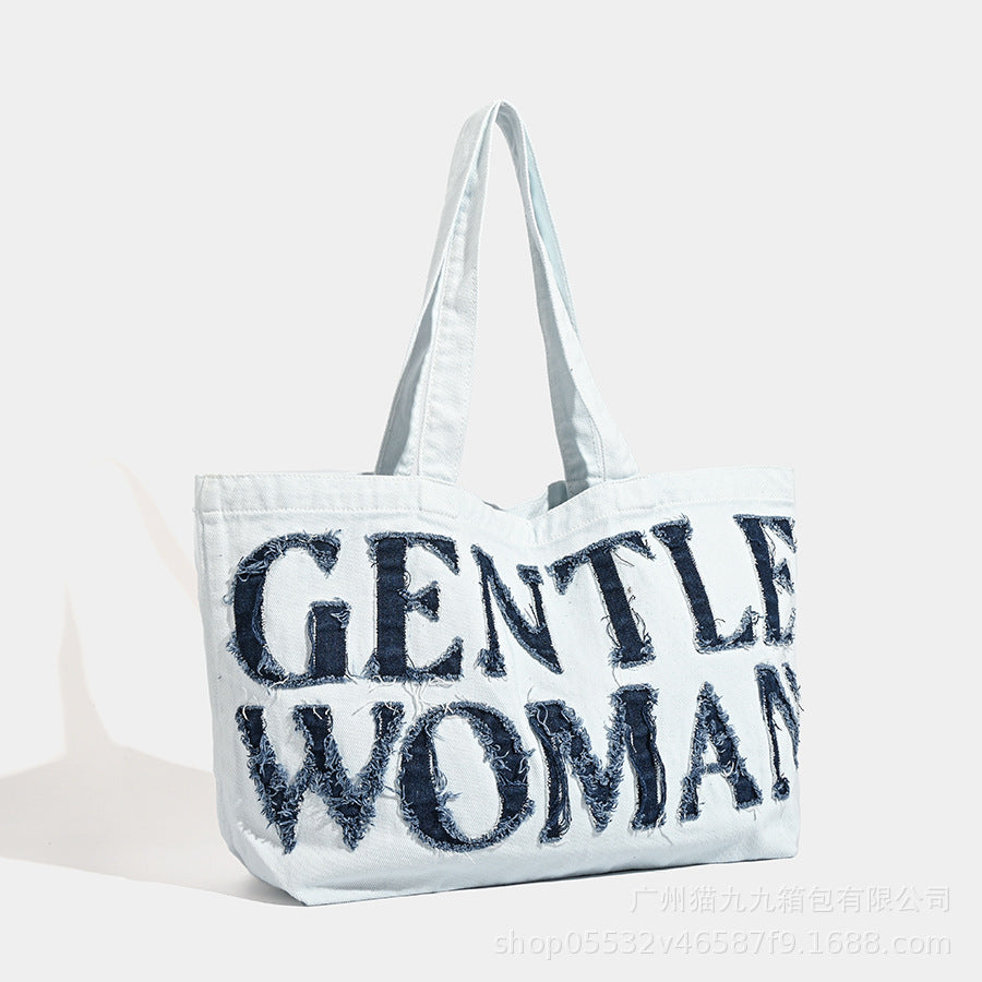 Retro Denim Tote Bag - Large Canvas Shoulder Bag with Letter Stickers