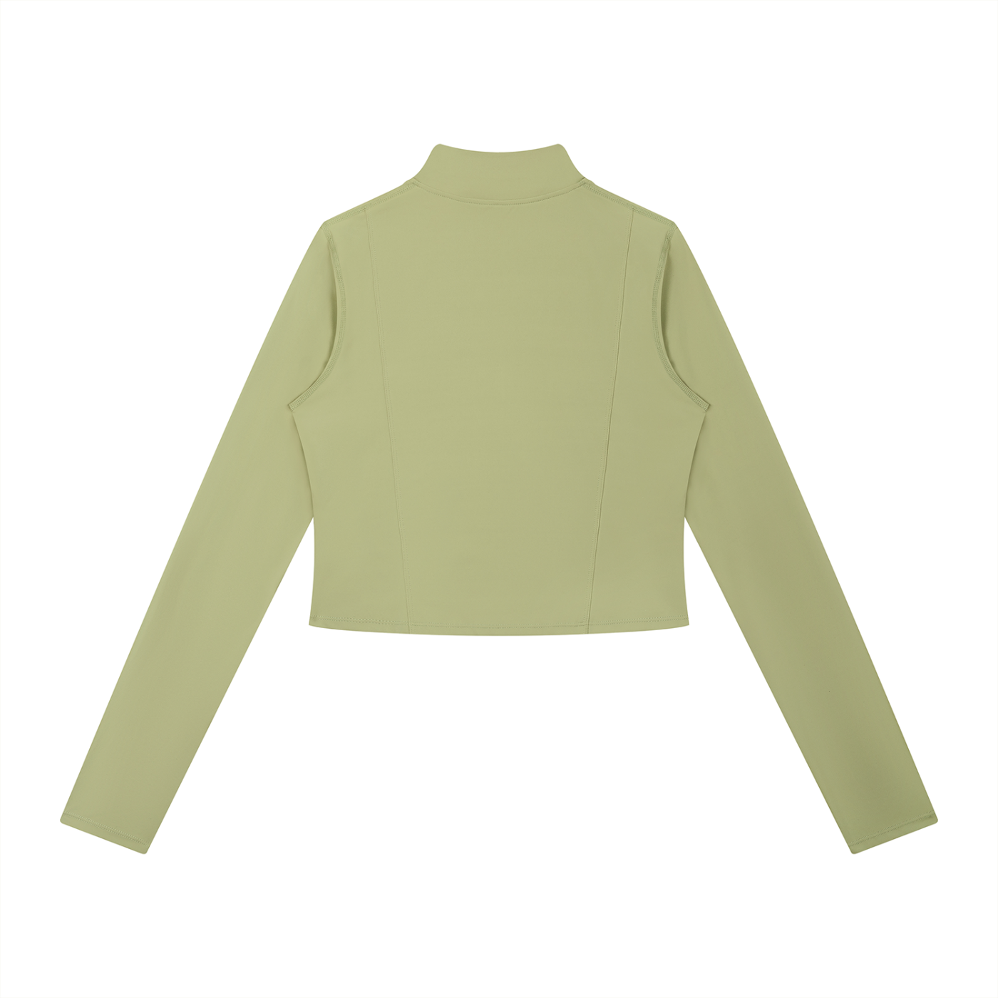Back view of a women's olive-green activewear zip up jacket