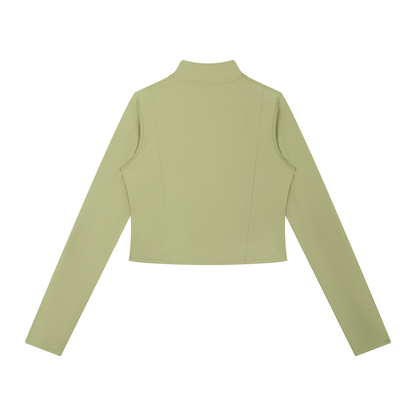 Back view of a women's olive-green activewear zip up jacket