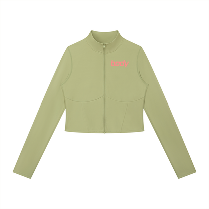 Olive green women's sports zip up activewear jacket with the typography "body" on the upper corner chest against a white backdrop