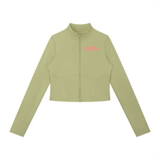 Olive green women's sports zip up activewear jacket with the typography "body" on the upper corner chest against a white backdrop