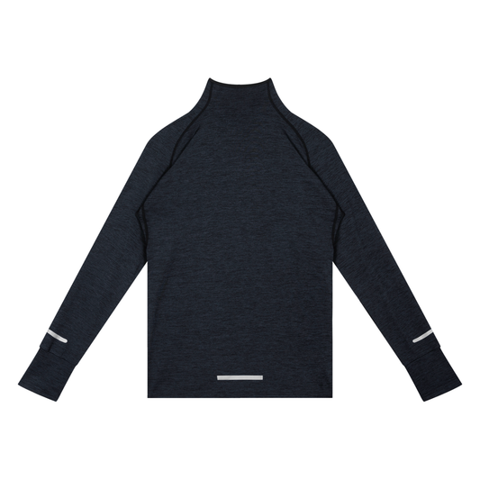 Back view of a dark gray long-sleeve shirt with a mock neck on a white background