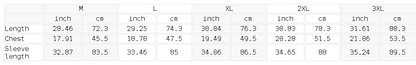 Measurement chart for clothing sizes M to 3XL with dimensions in inches and centimeters.