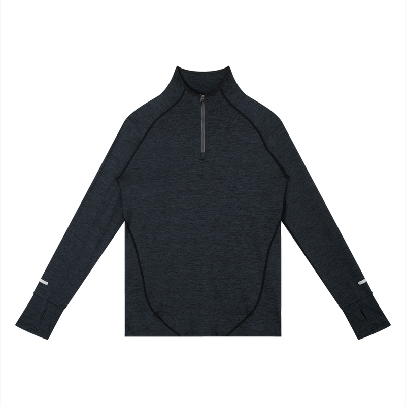 Dark gray long-sleeve shirt with a quarter zip on a white background