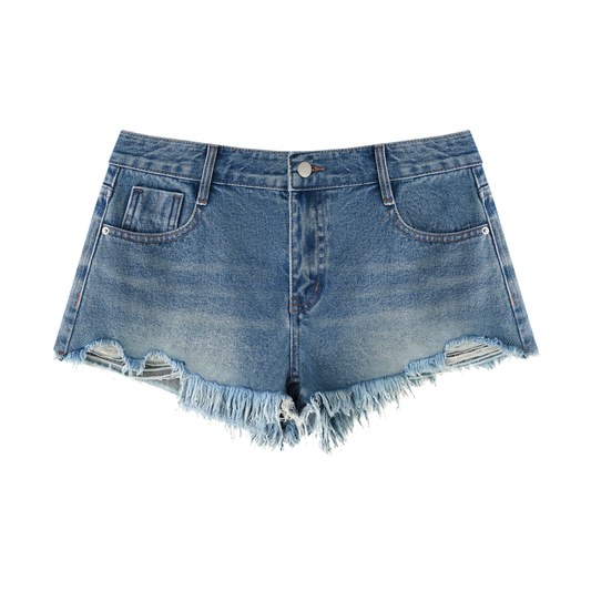 Denim shorts with frayed edges on a white background