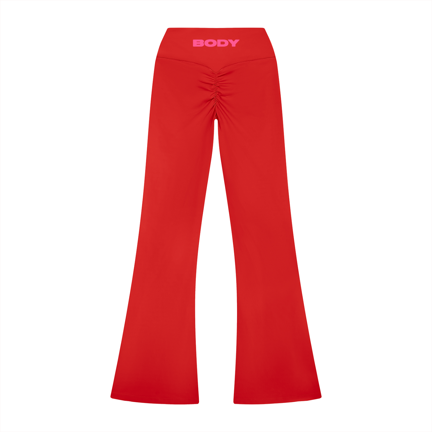 Red flare bottom leggings with 'BODY' branding on waist band on a white background