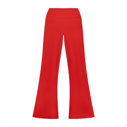 Red flare bottom yoga leggings on a white background