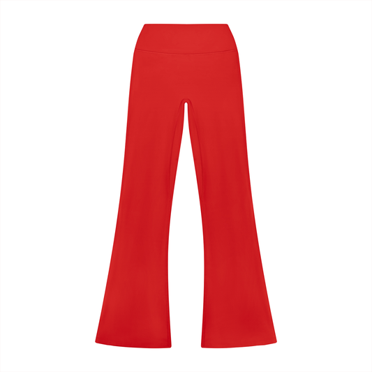 Red flare bottom yoga leggings on a white background