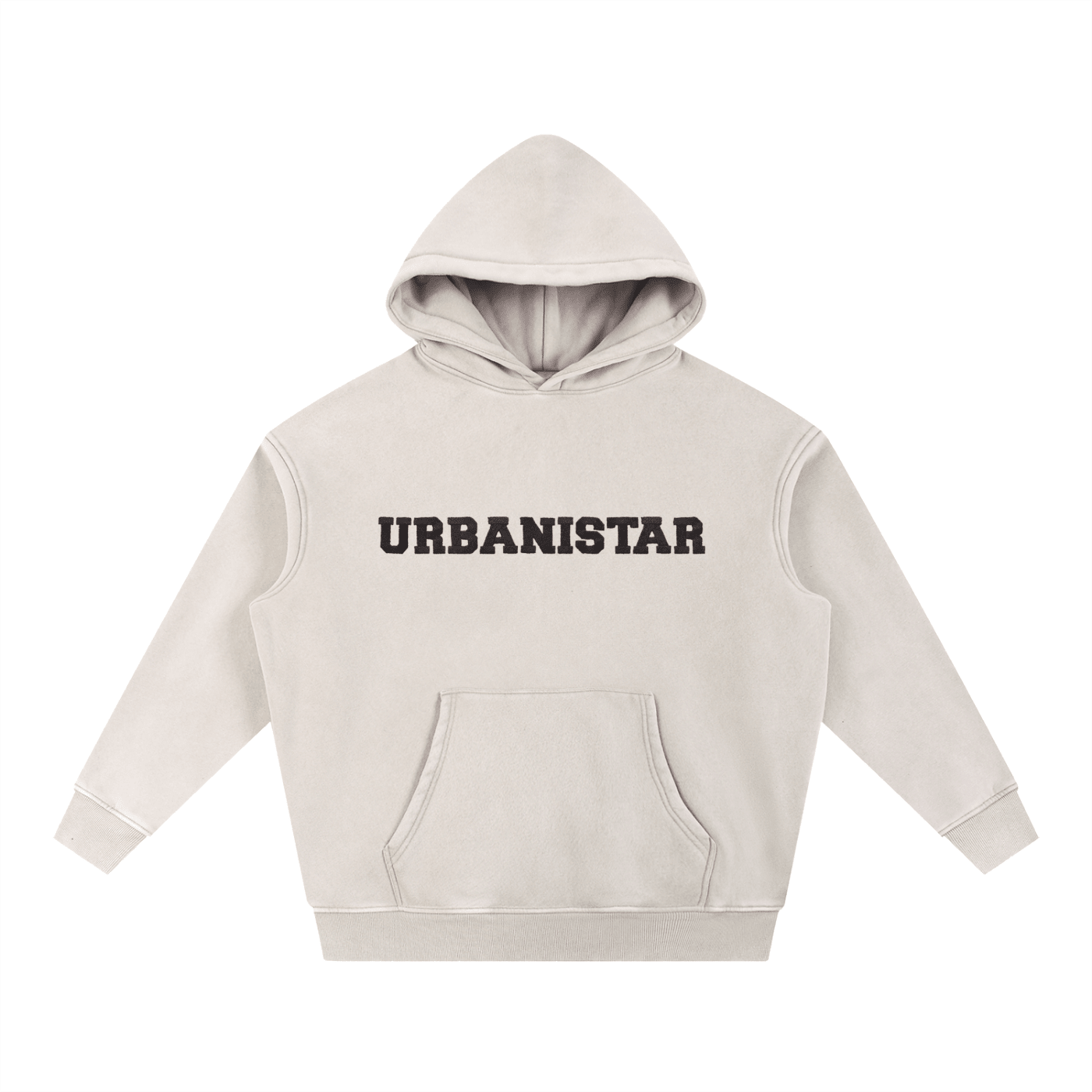 Beige hoodie with brand name "UBANISTAR" design across chest on a white background