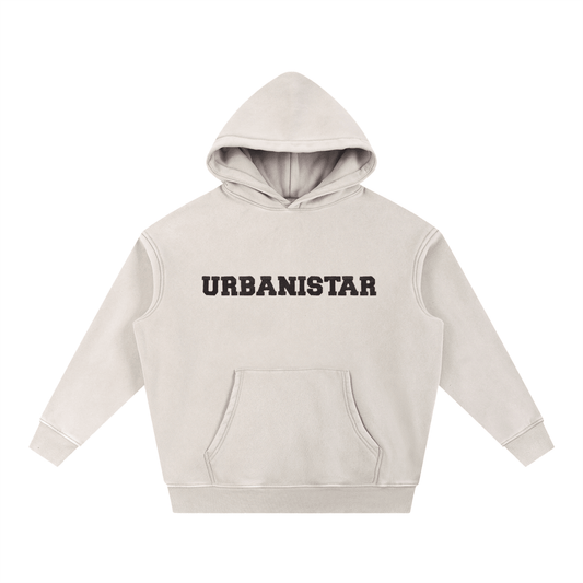 Beige hoodie with brand name "UBANISTAR" design across chest on a white background