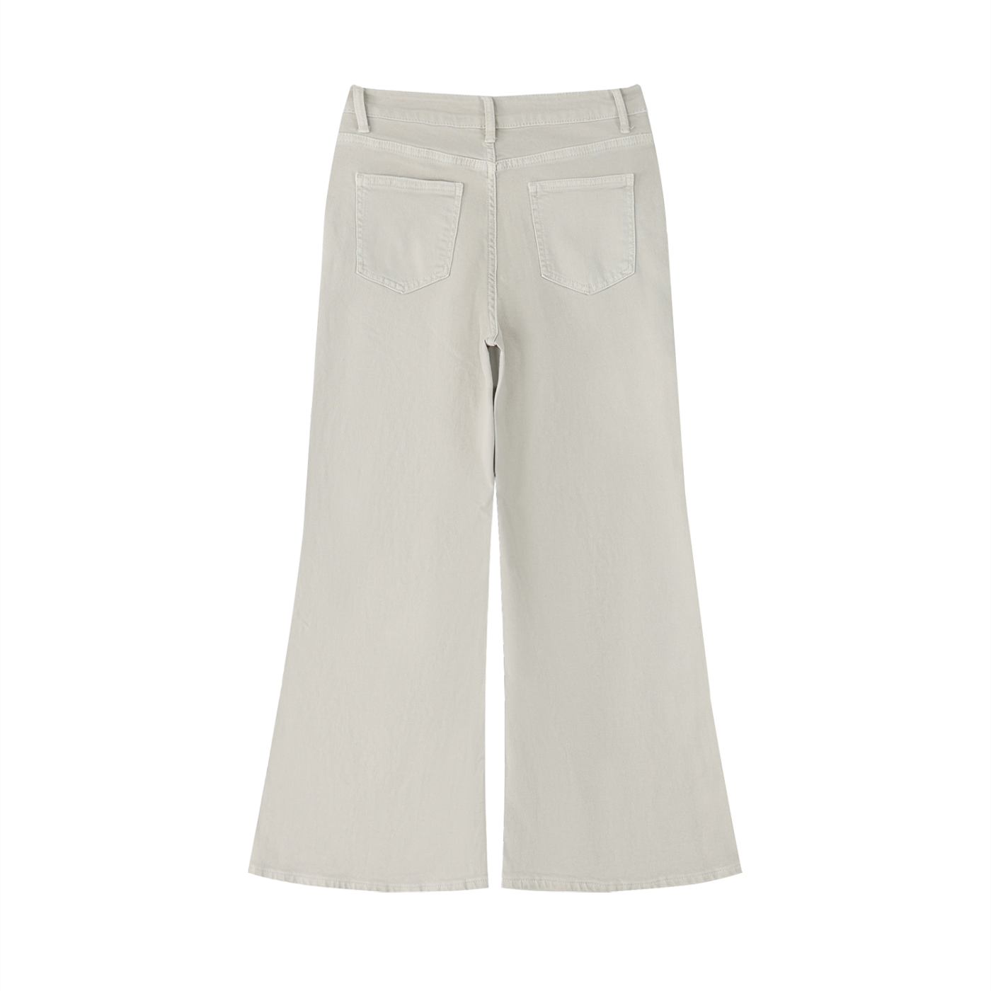 flat lay view of back of beige pants on a white background