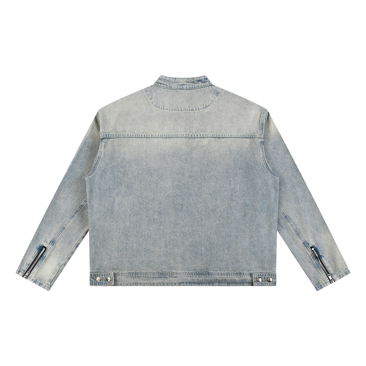 Back view of a vintage wash biker style denim jacket on a white background