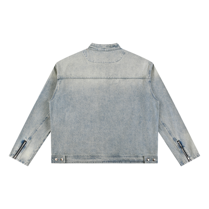 Back view of a vintage wash biker style denim jacket on a white background