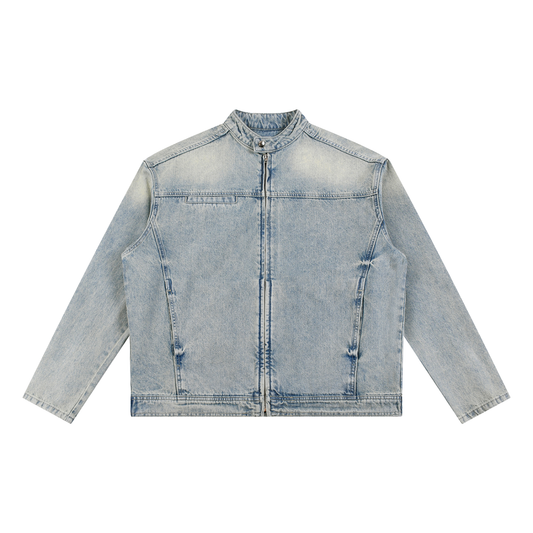 Biker style denim jacket with vintage wash against a white background