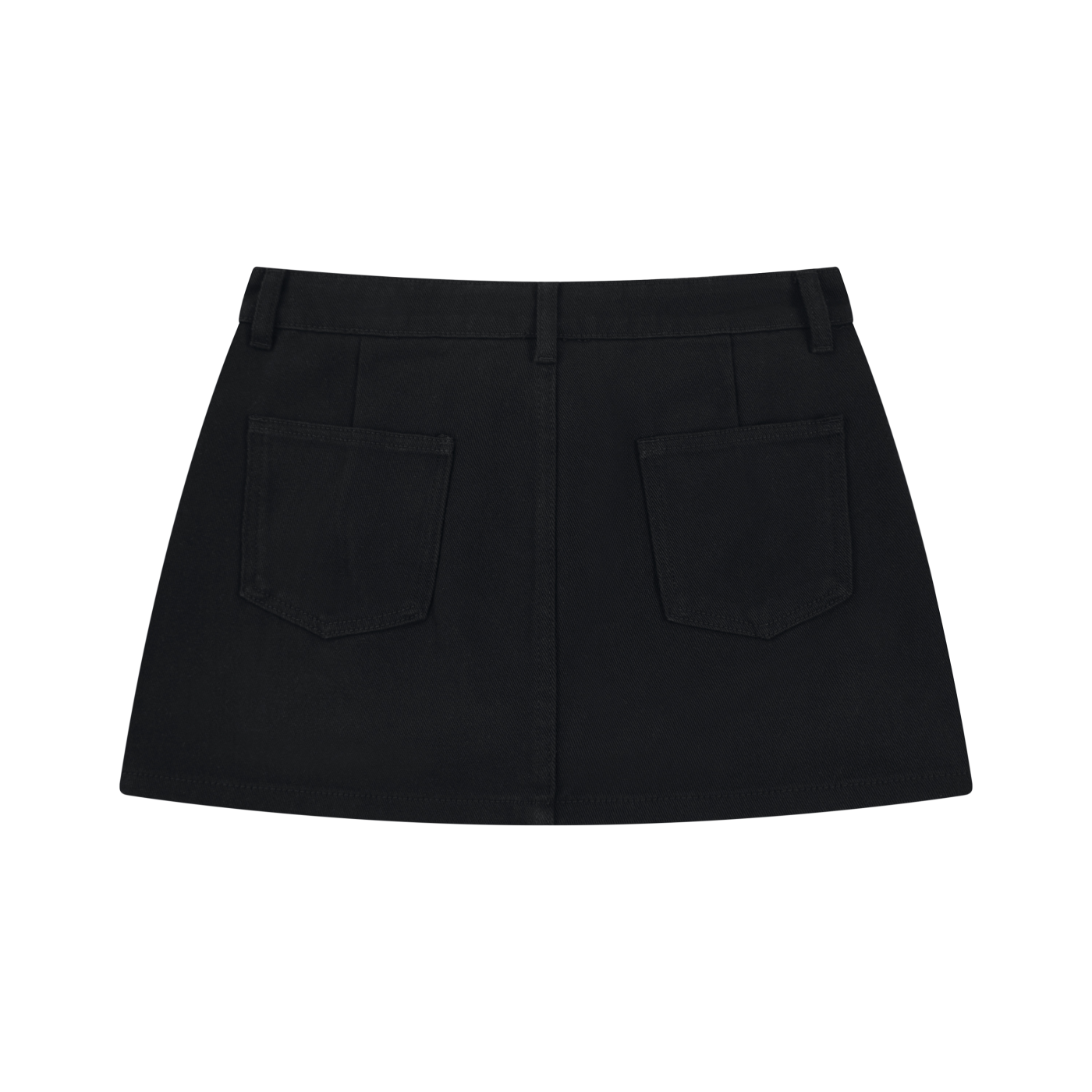 Black denim mini skirt shown from the back, featuring two large patch pockets and a straight waistband, photographed on a solid white background.
